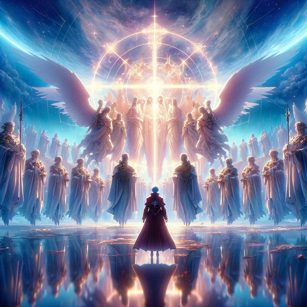 In this celestial tableau, the anime protagonist confronts a unique formation of celestial soldiers within Dante's fifth sphere of heaven, as described in Paradiso. These divine warriors are meticulously arranged in the shape of a luminous cross, their formation embodying the sacred symbol with a profound sense of order and harmony. The protagonist, standing before this awe-inspiring sight, is bathed in the soft, otherworldly glow emanating from the soldiers. The atmosphere is suffused with a sense of divine peace and celestial majesty, with the ethereal landscape of the heavens stretching into the distance, enhancing the solemnity and sanctity of the moment.
