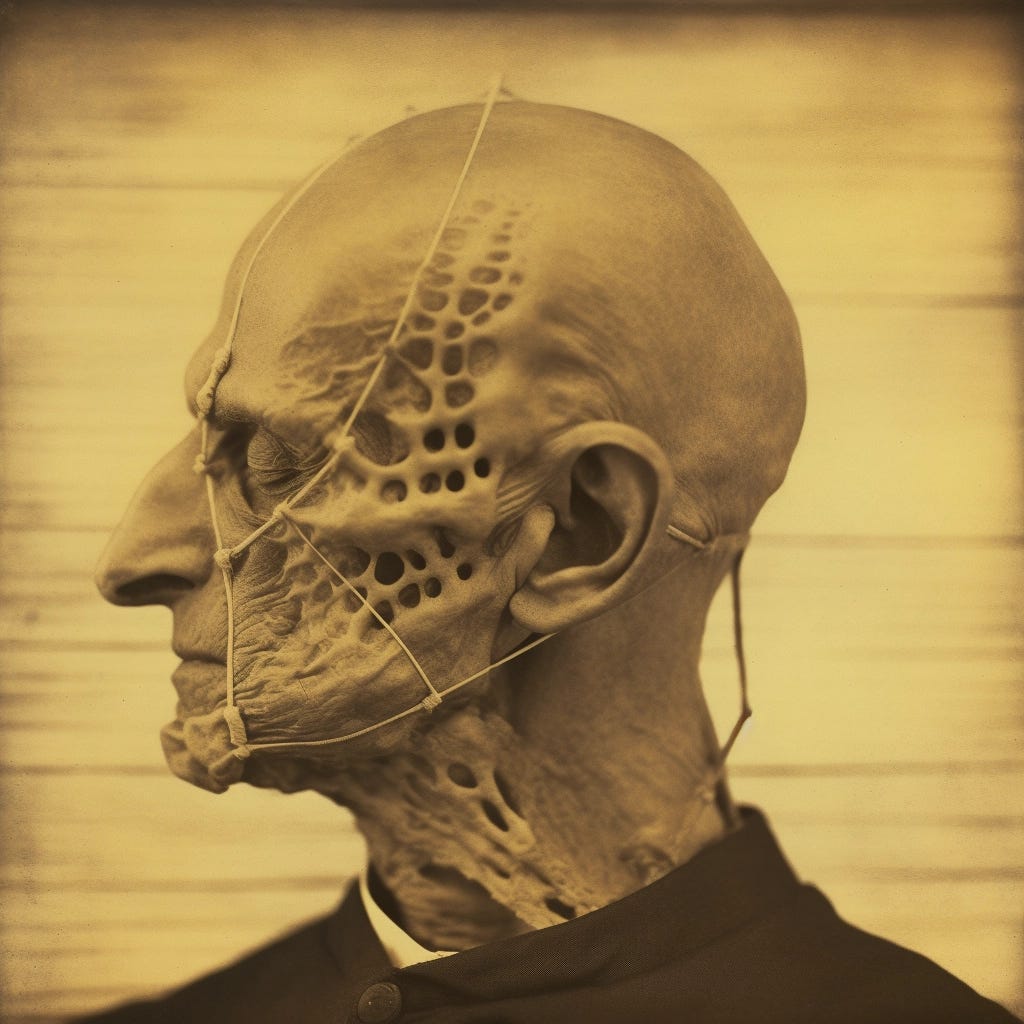 AI imagining of an old man with strange growths and string on his bald skull