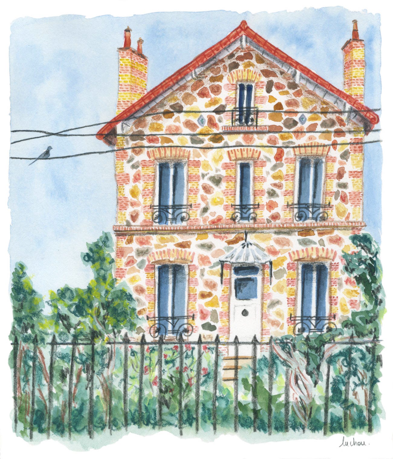 Illustration en couleur d'une maison de banlieue en pierre meulière