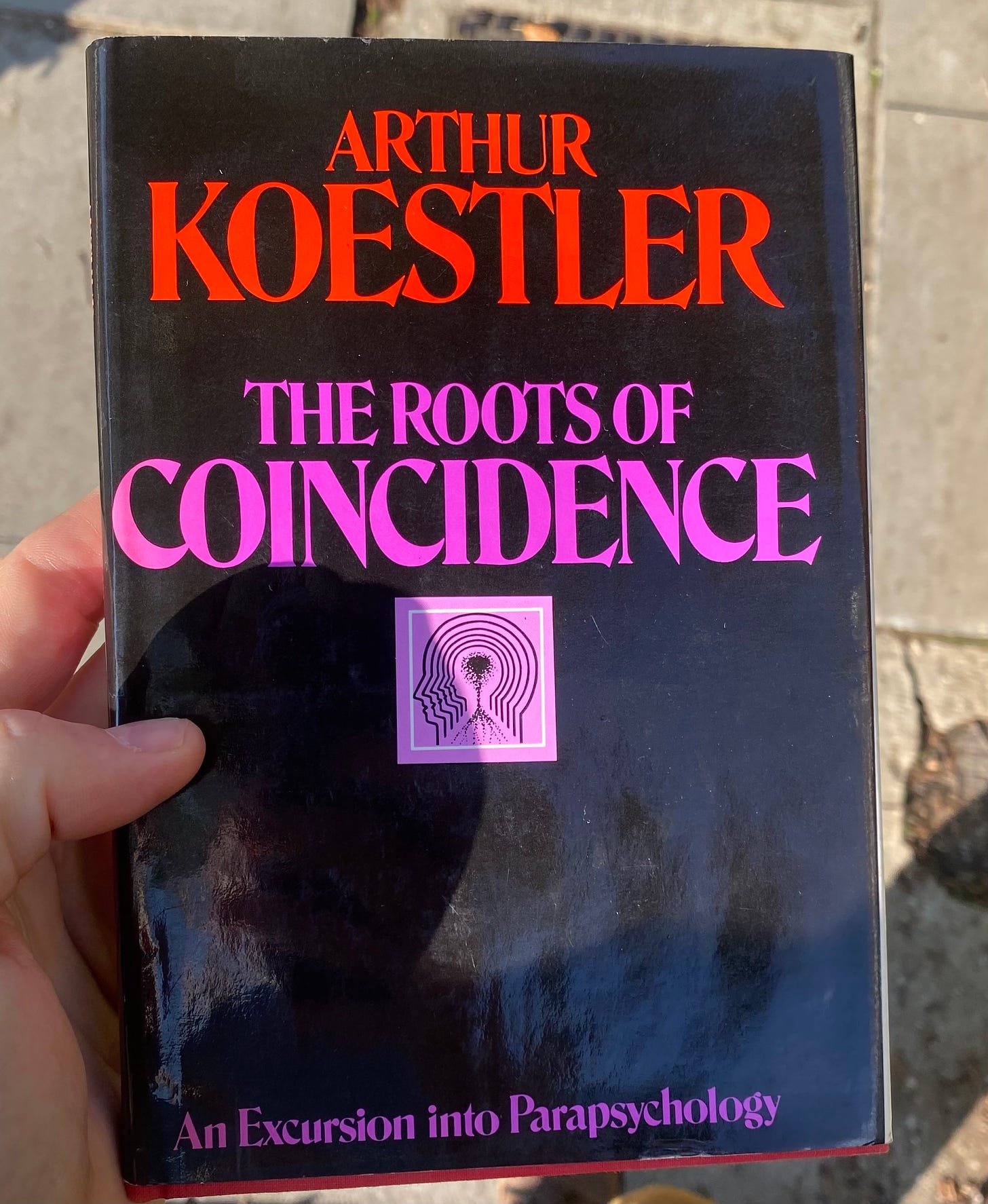 Photo, taken outside, shows a hand holding a book, a hardback copy of 'The Roots of Coincidence' by Arthur Koestler. The dust cover is black, with red and purple lettering. Below the book is a pavement of concrete slabs. The photo was taken in sunny weather, and the light is reflecting off the book's cover.