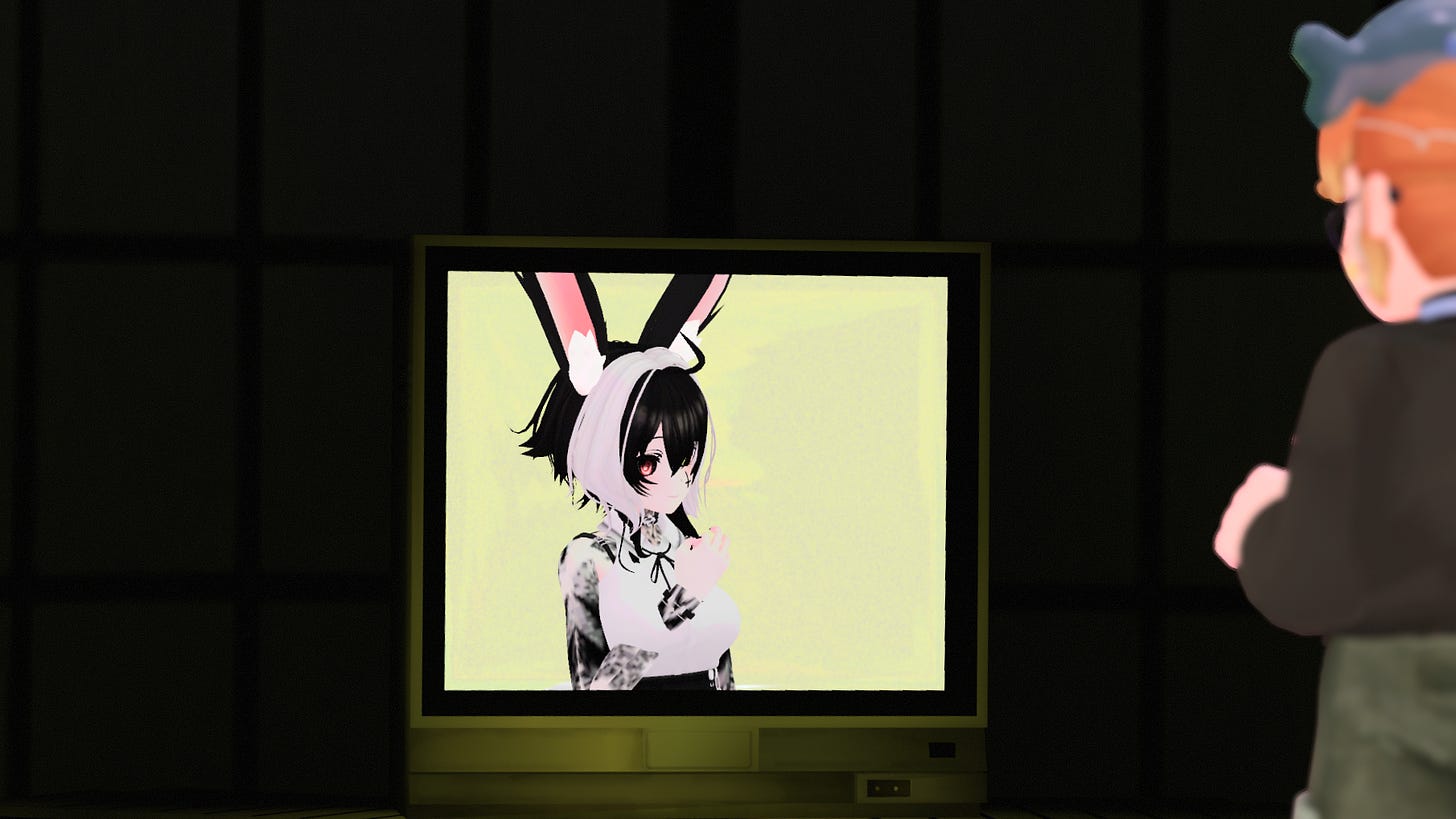 Bonito watches a TV screen which displays an anime girl avatar with black and white hair and bunny ears.