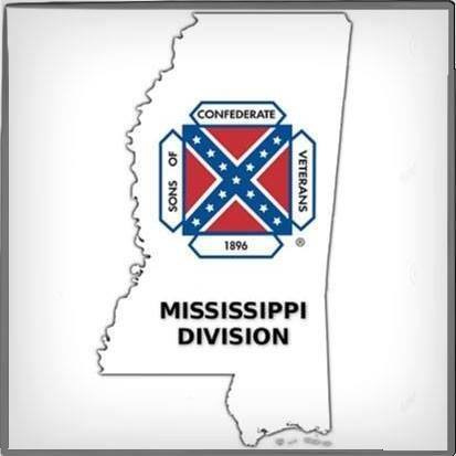 Outline of state of Mississippi and inside is a Confederate battle flag stars and bars symbol with the name of Mississippi Division of Sons of Confederate Veterans