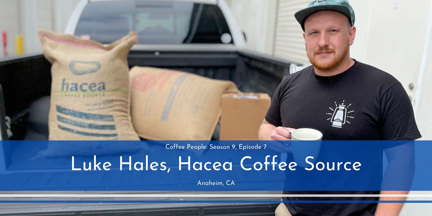 A header image with Luke Hales wearing a black t-shirt and green ball cap standing at the back of a pick-up truck with Hacea Coffee bags in the back. He's holding a white coffee mug and looking at the camera.