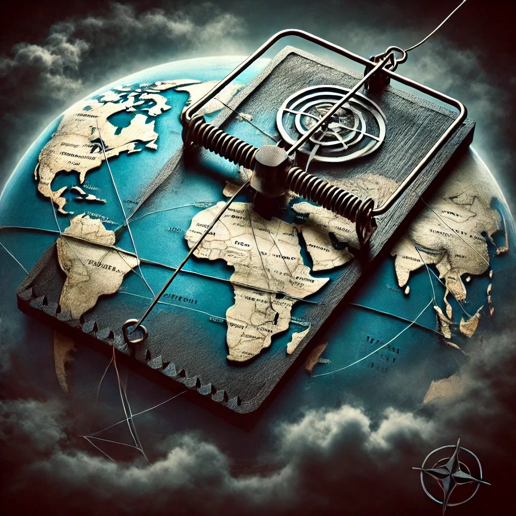 A dramatic image of a large, menacing mouse trap set in the middle of a global map, with intricate strings and wires snaring the continents. The trap is surrounded by dark clouds and shadows, giving it a sense of looming danger. The trap is partially triggered, with the wires pulling tighter. The image should evoke a sense of tension and danger, symbolizing the trap being set by global powers, with subtle symbols of international organizations like the UN and NATO etched into the trap’s mechanism.