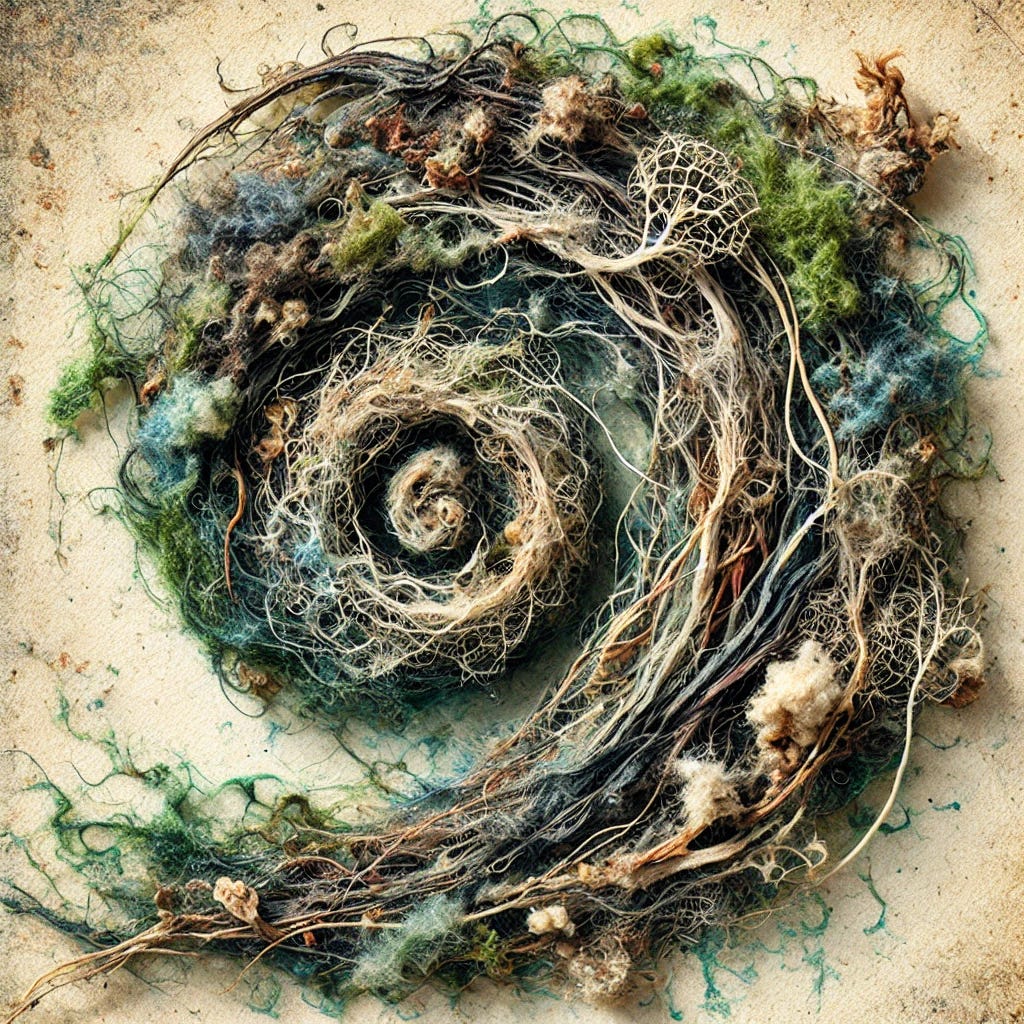 An extreme close-up macro view of The Mangrove Drift Felted Map, showing only a small section of the irregular felted spiral. This view highlights the fine details of the felt fibers, including estuary greens, mud browns, and Narooma sky blues, with blended stains from past tides. Individual fibers appear layered, tangled, curling, and matted, showing stages of life cycles from seeding to composting. There is no writing, no labels, no annotations, no hands — only the highly detailed felted material itself, showing texture, organic layering, and fiber interaction. Background is a muted, weathered paper surface with faint fibers and stains visible around the edges. Created Using: hand-drawn mixed media style, extreme macro shot, layered felt textures, subtle watercolor overlays, uneven ink washes, fibrous detailing, weathered paper base, muted natural color palette, HD quality, natural look --ar 1:1