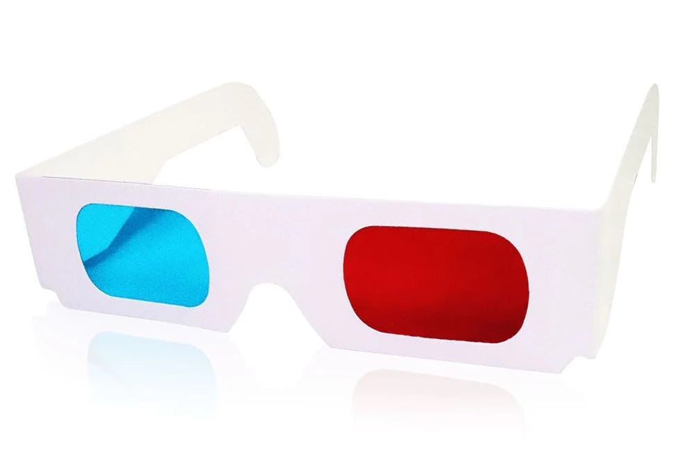 A pair of 3d glasses. White cardboard rectangular frames with red and cyan lenses. On a white background.