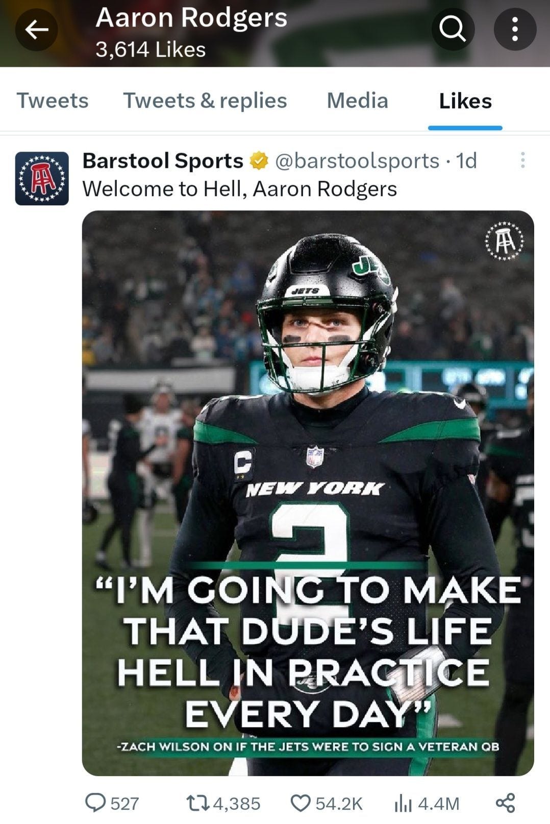 Aaron Rodgers liked Barstool Sports&#039; tweet about Zach Wilson&#039;s quote for the new Jets quarterback.