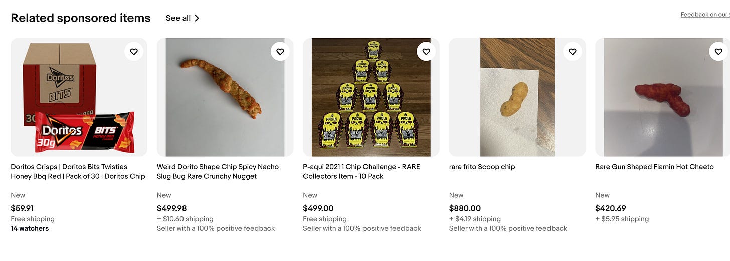 Related listings, a gun shaped cheeto, a peanut shaped frito, and a "slug bug" shaped cheeto.