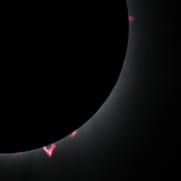 A zoomed-in shot of a total eclipse. There are small prominences from the sun shooting around the silhouette of the moon.