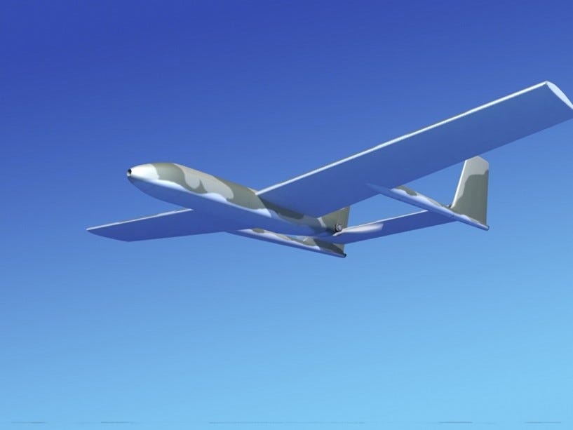 Image of an Iranian Mohajer-3 Tactical Unmanned Aerial Vehicle. The background is a perfect blue sky without any clouds. I suspect this is not a real image.