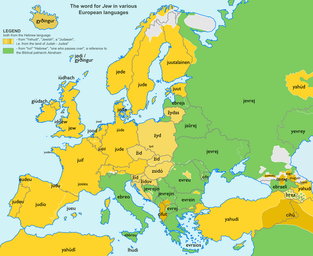 Jew" in various European languages [OC][2000×1635] : r/etymologymaps