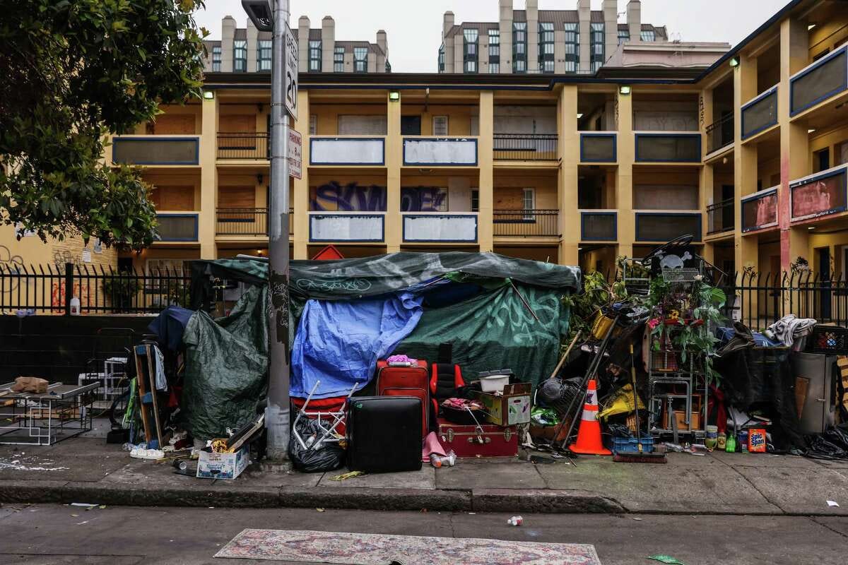 A tent encampment is set up on Ellis Street in San Francisco. Homelessness is one of the intractable problems that city residents are fed up with.