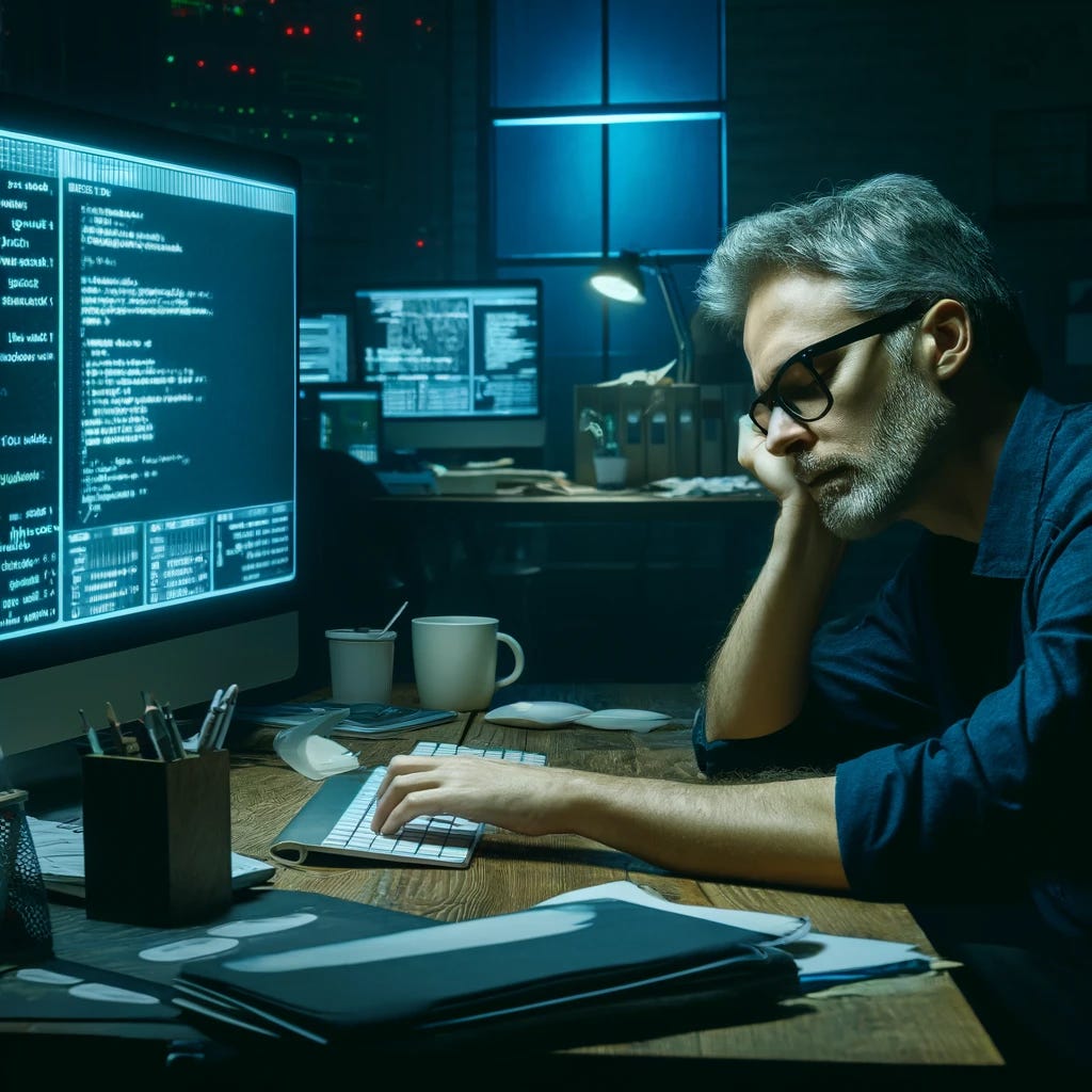 A scene depicting a cybersecurity expert, exhausted, asleep on his computer during the night. The setting is a dimly lit office with multiple computer screens displaying code and security feeds. The expert is a middle-aged Caucasian man with short, graying hair, wearing glasses and a dark blue shirt. His head rests on the keyboard, papers and coffee cups scattered around. The room has a cluttered desk with books and electronic gadgets, suggesting a long night of work.