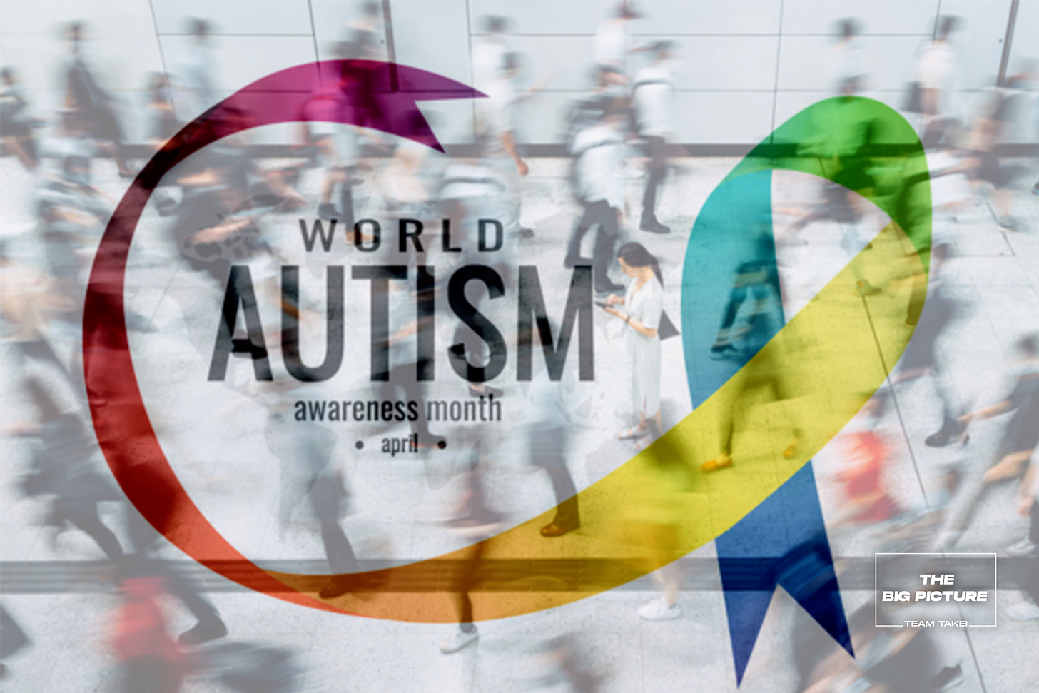 Crowd of people with World Autism Awareness month overlaid
