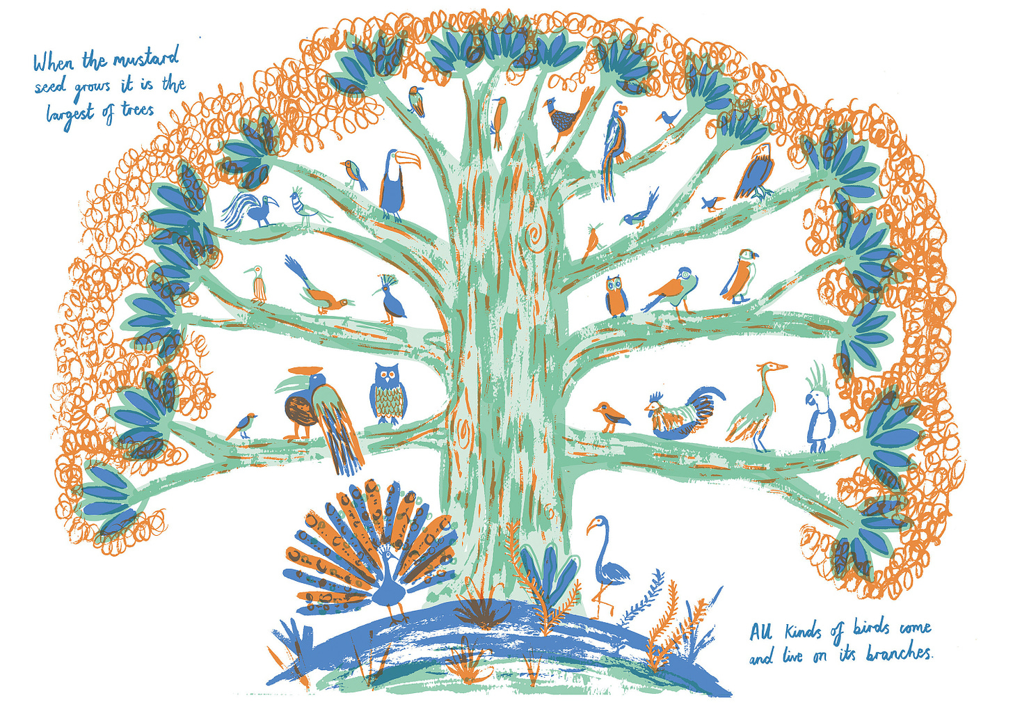 An illustration of the many birds of the air nesting in the mustard shrub