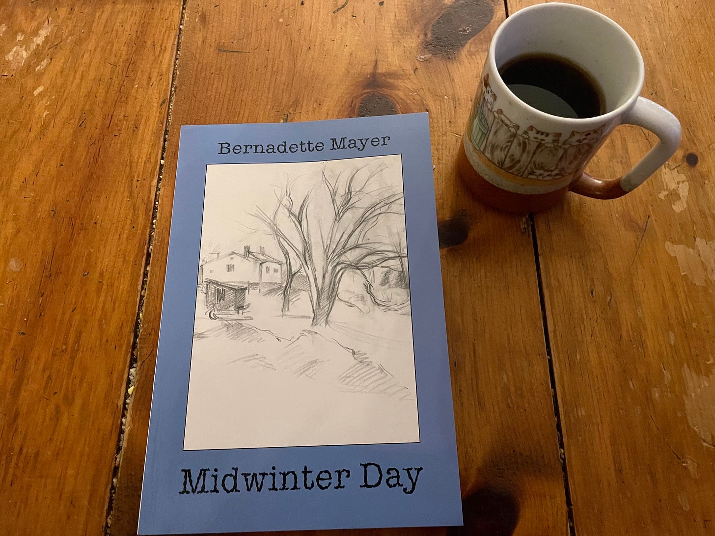 book: 'Midwinter Day' by Bernadette Mayer, next to a half-full coffee mug with cats sitting on or peering through a fence