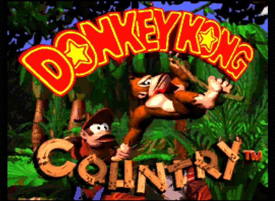 The title screen for Donkey Kong Country, featuring the titular hero holding a rope and his buddy Diddy Kong's hand as the two swing through the island jungle.