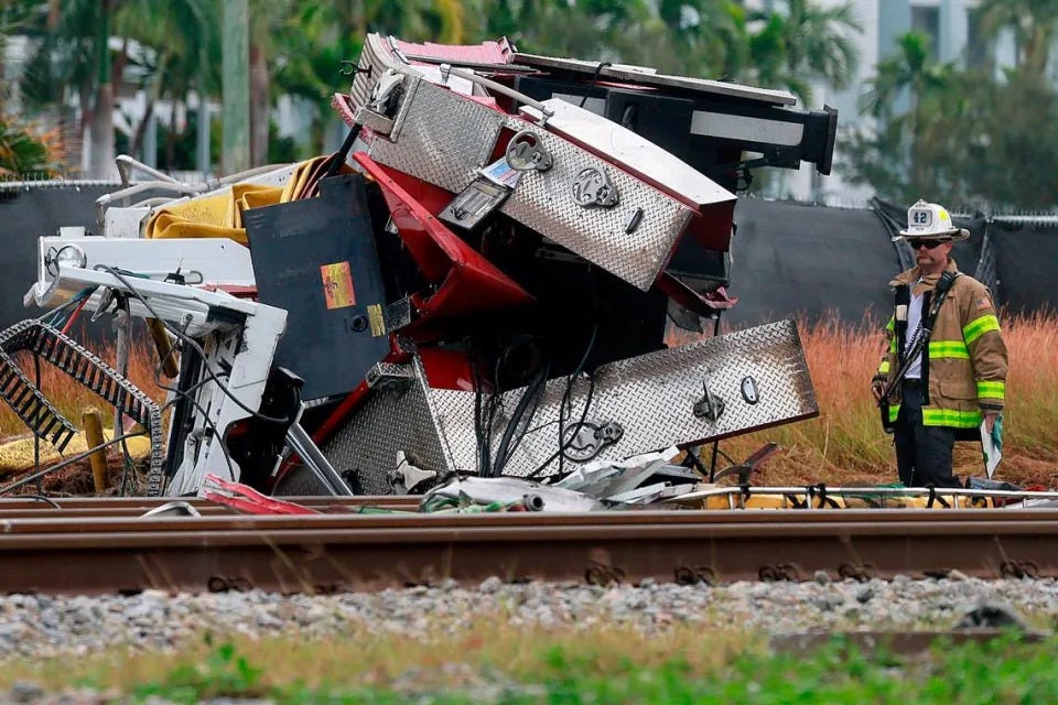 A Brightline train collided with a fire truck at East Atlantic Avenue and Southeast First Avenue in downtown Delray Beach on Saturday afternoon, Dec. 28, 2024. (Mike Stocker/South Florida Sun Sentinel)