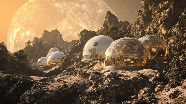 A futuristic space colony on a rocky exoplanet, with domes and advanced technology. terraforming colony. illustration. Futuristic Space Colony. Illustration
