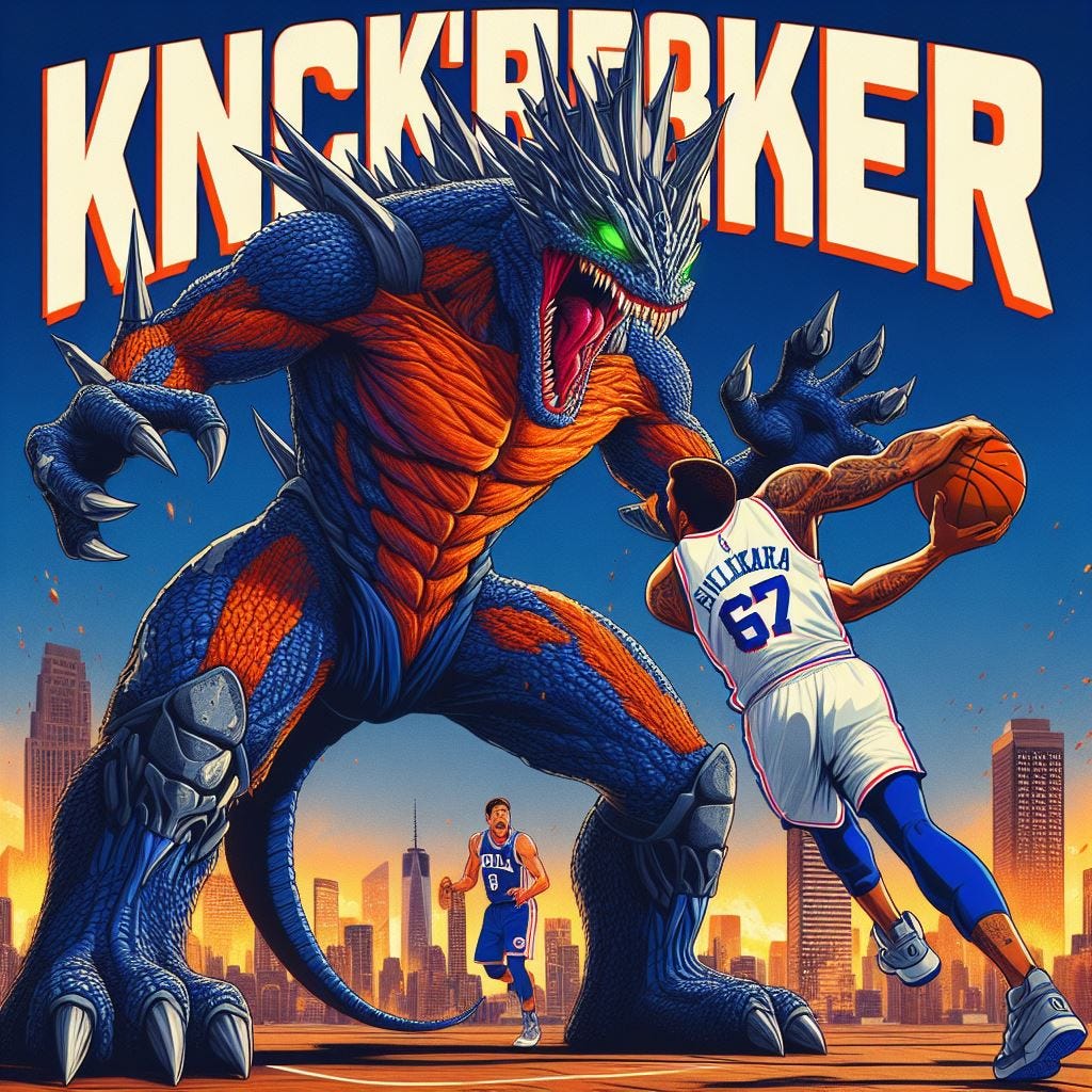 A New York Knickerbocker kaiju fighting a kaiju Philadephia 76ers