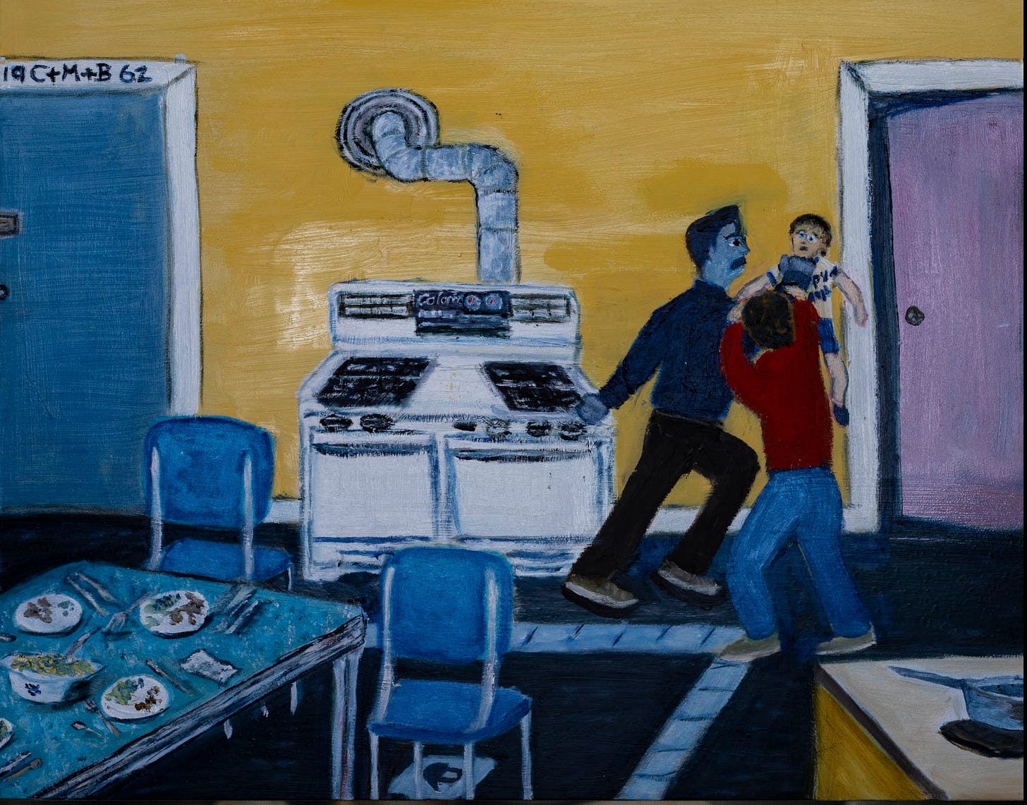 Painting of yet another childhood supper time where dad lost his temper and pinned me to a wall by my throat