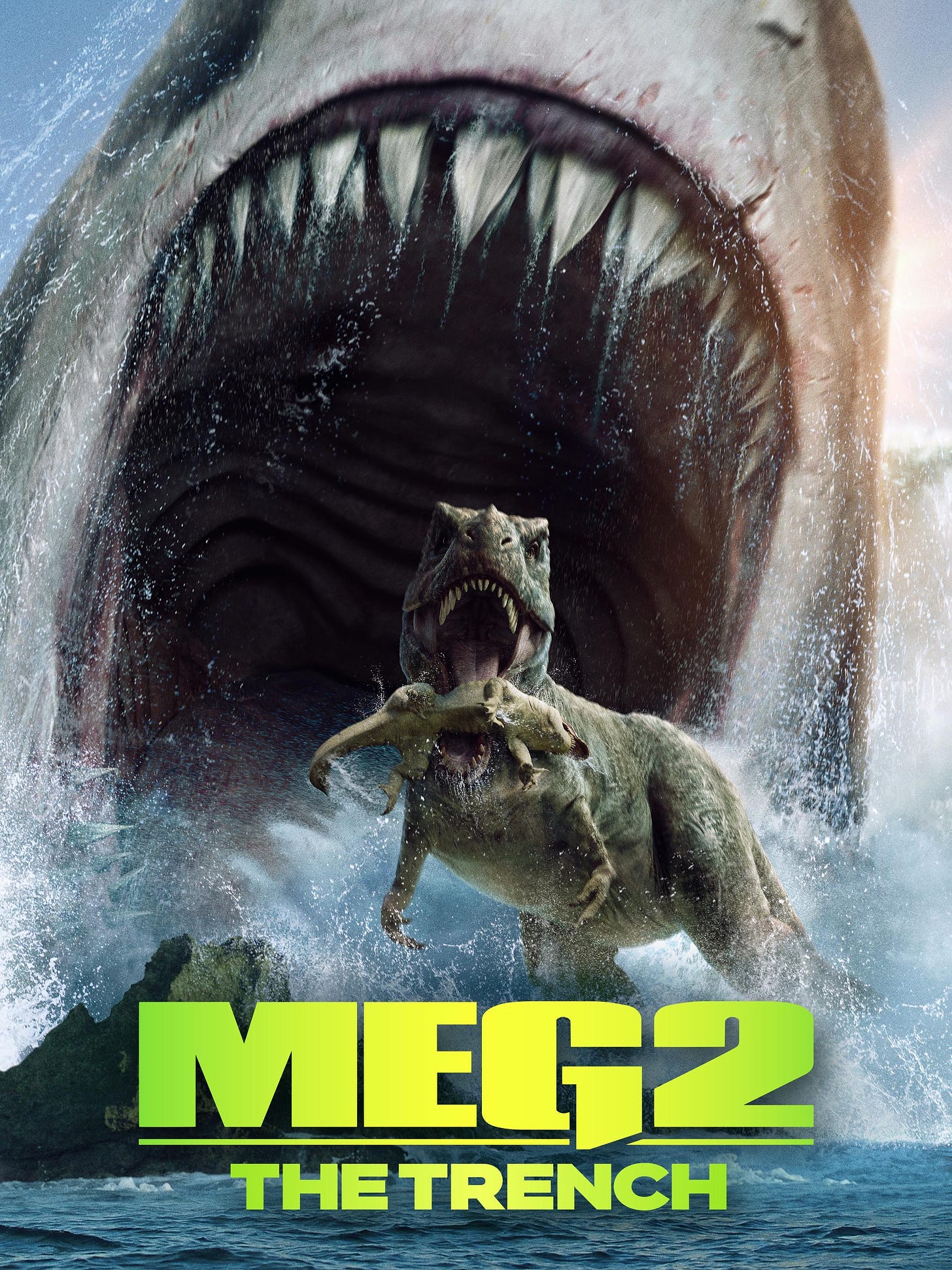 Image of movie poster for Meg 2: The Trench with a giant shark about to eat a T-Rex.