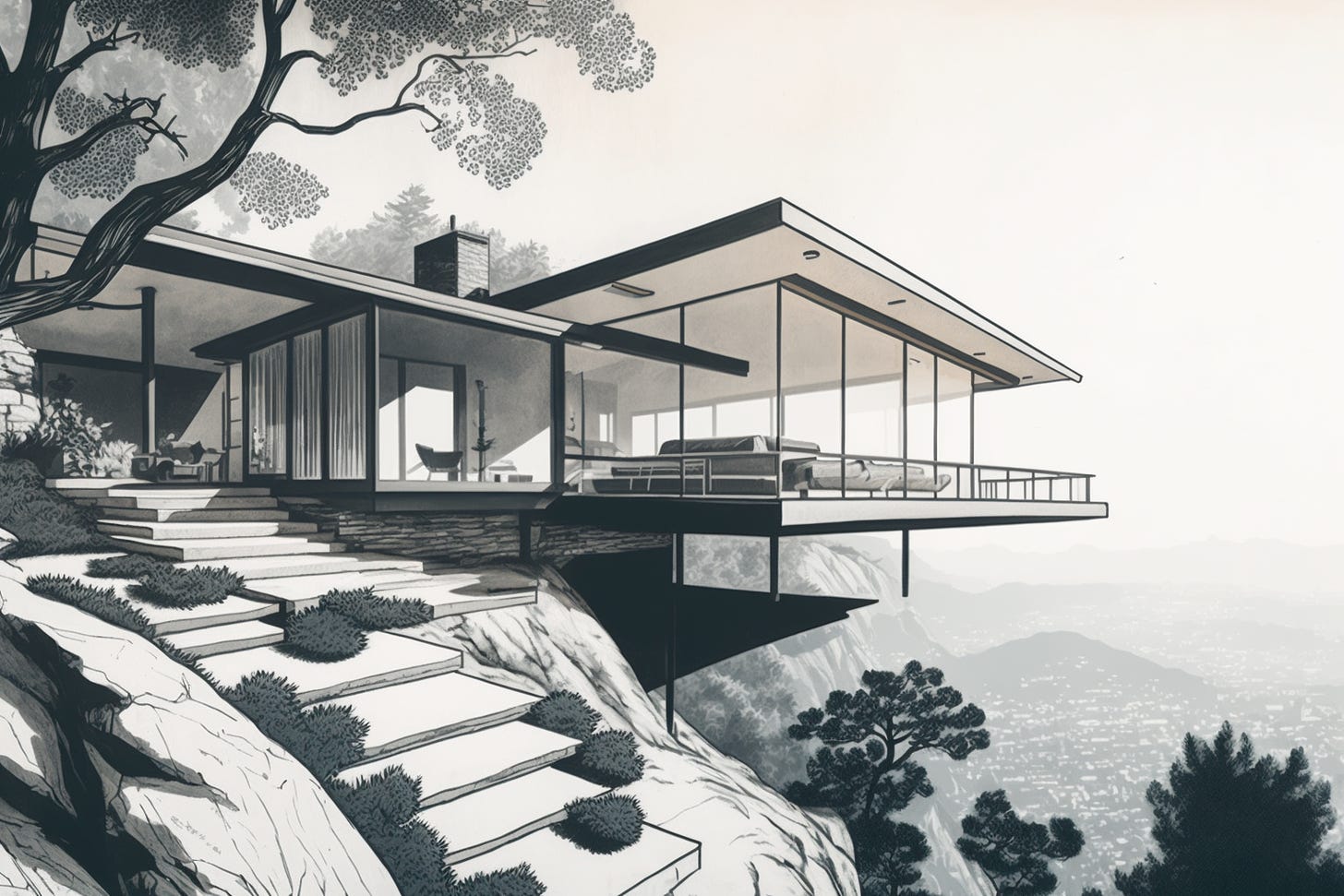 editorial photo from Dwell, Midcentury modern house, on a cliff overlooking Los Angeles, morning sun, brilliant architecture, beautiful, exclusive, expensive, minimal lines, breathtaking, 8K, architecture photography, style: pencil sketch