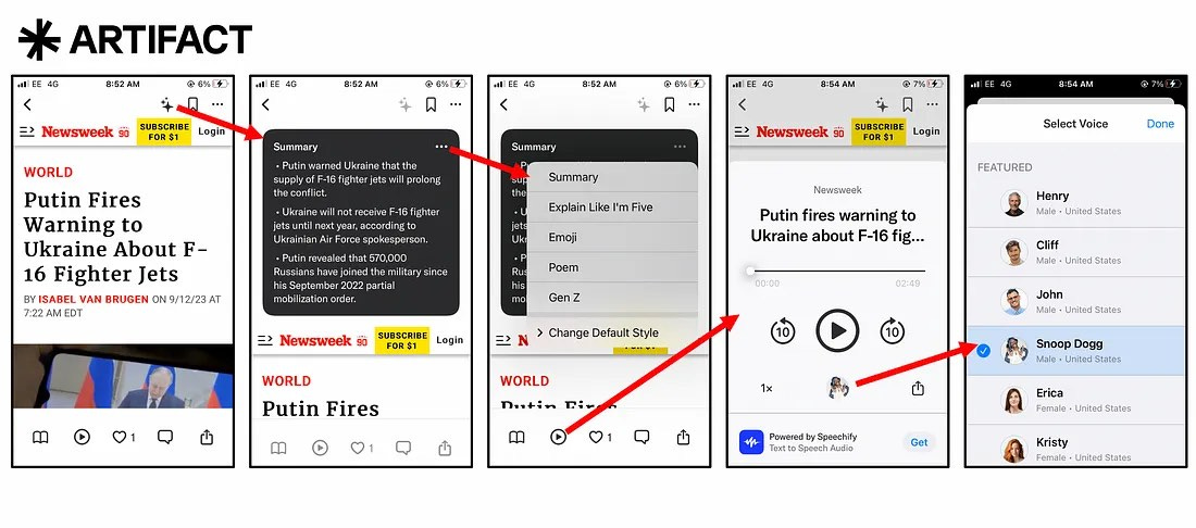 User control of the consumption experience of text news articles in the Artifact App, including as summaries, as simplified language, as a poem, as ‘Gen Z’ language and as audio readings by celebrities