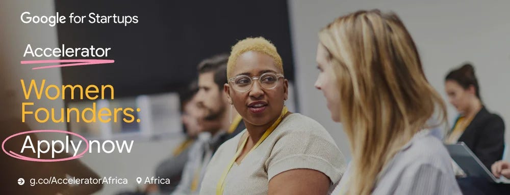 A photo of people, closed up on 2 women, with information of the Google for Startups Accelerator: Women Founders Africa Program, and an open invitation to apply