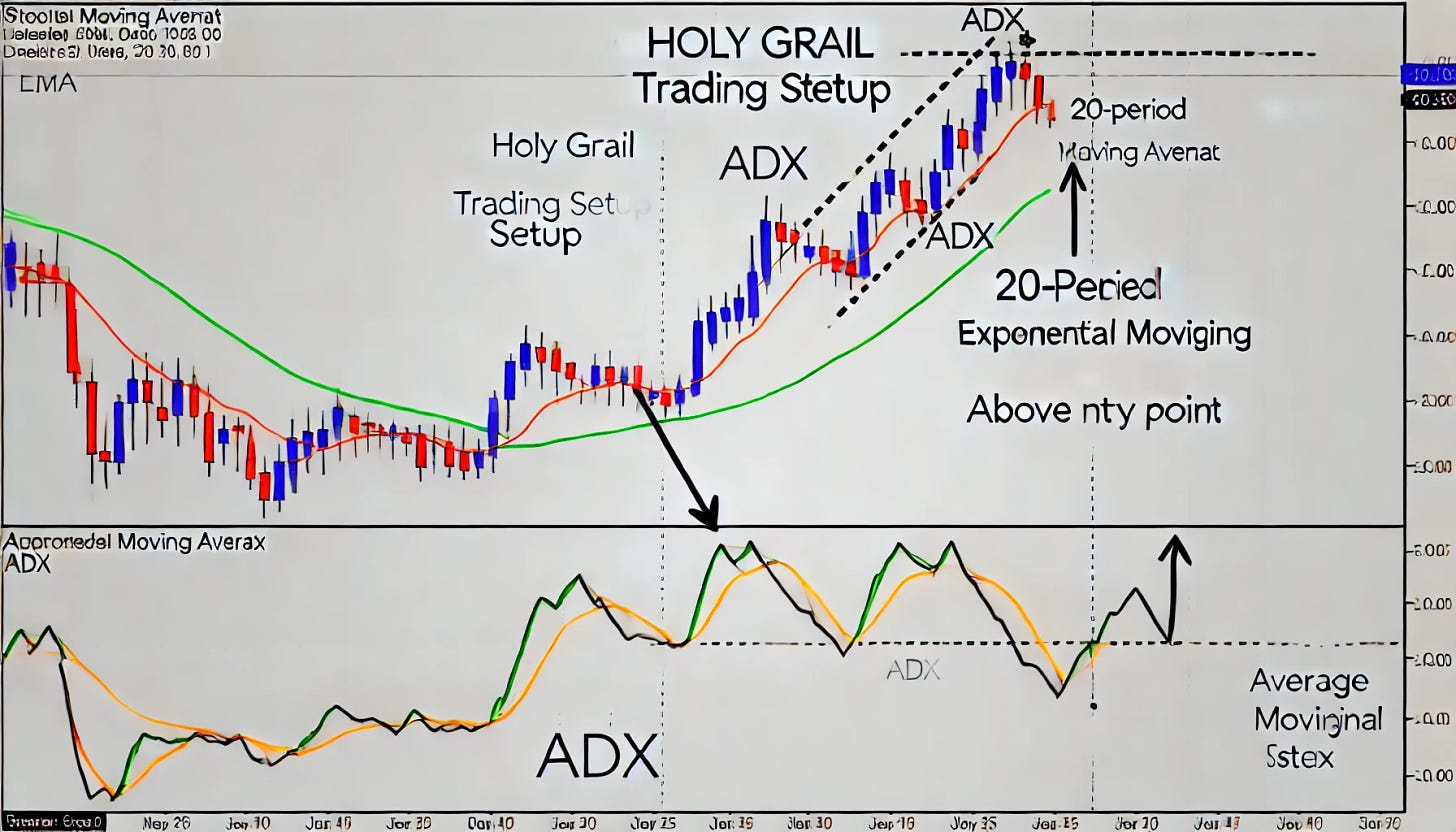 A detailed illustration showing the concept of the Holy Grail trading setup. The image should include a stock price chart where a strong upward trend is evident. There should be a 20-period exponential moving average (EMA) line, with the price pulling back to this EMA. The ADX (Average Directional Index) is depicted in a separate small window below the chart, showing a high value above 30 to indicate a strong trend. Arrows should show the price bouncing off the EMA as an entry point, indicating a continuation of the upward trend after the pullback. The overall feel should be technical and instructional, but without any text or labels.