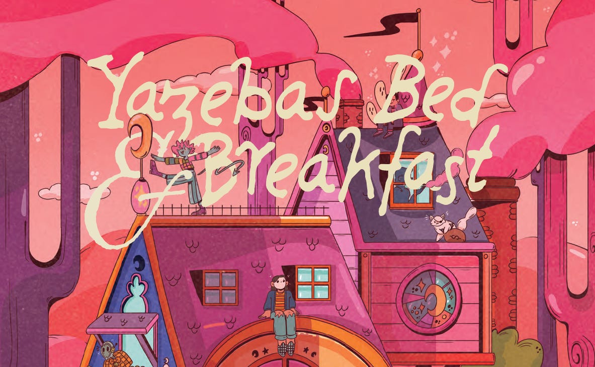 Cover for 'Yazeba's Bed & Breakfast, showing various characters on a rooftop, behind the title.