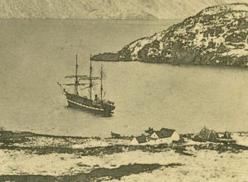 File:Hudson Bay Trading Post, Nachvak Fjord, Labrador, 1896. Also shown is  the 3-masted steamer