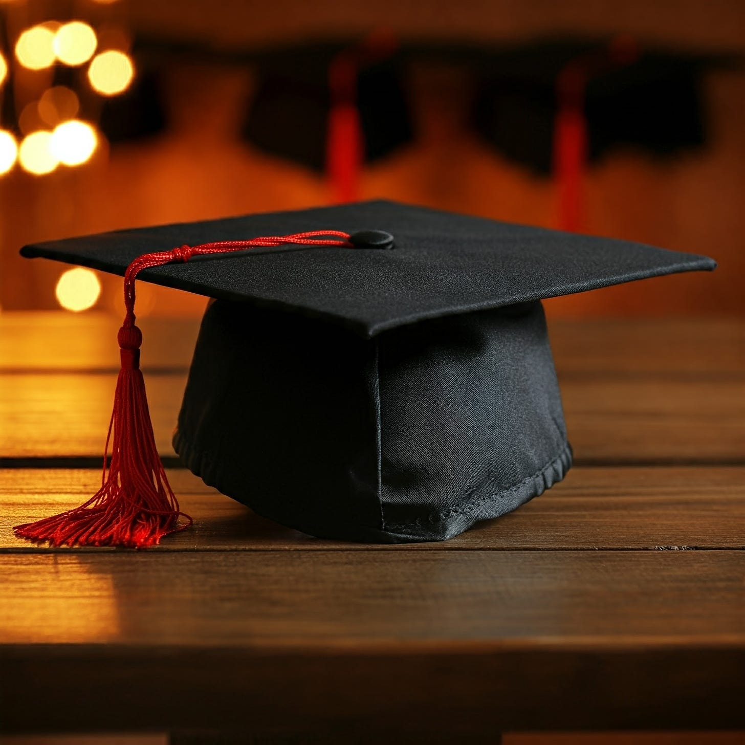 A graduation hat on a wooden table