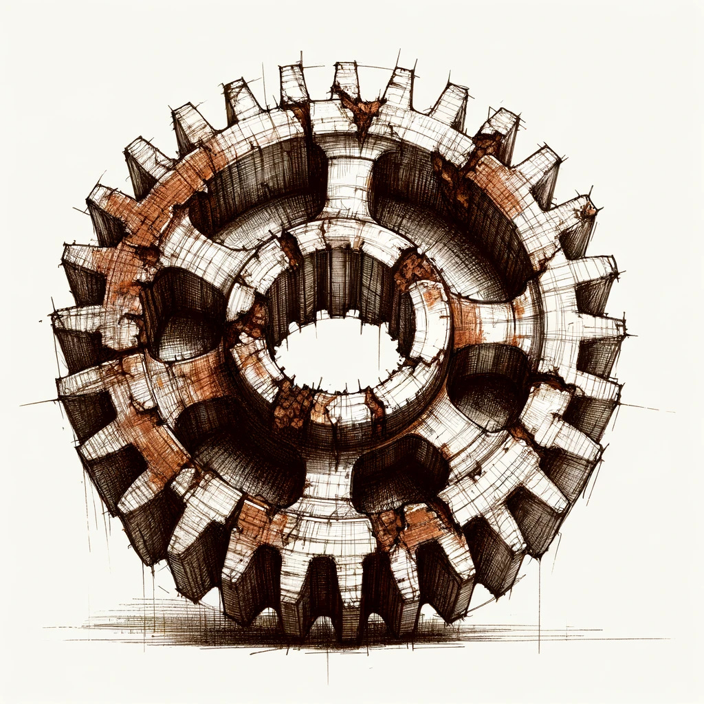 Sketch of a heavily worn metallic gear with large cracks and missing teeth on a white background. The gear shows extensive damage, highlighting its age and disrepair. Subtle rust-colored highlights accentuate the texture and broken edges.