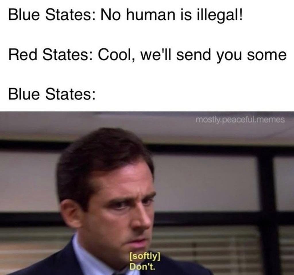 May be an image of 1 person and text that says 'Blue States: No human is illegal! Red States: Cool, we'll send you some Blue States: mostly.peaceful.memes [softly] Don't.'