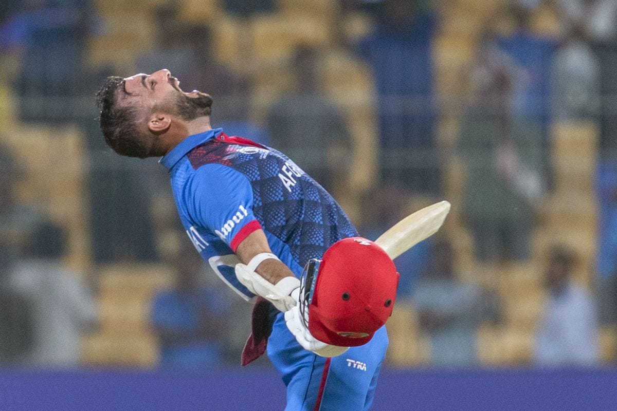 Afghanistan's captain Hashmatullah Shahidi celebrates the team's victory against Pakistan in the ICC Men's Cricket World Cup 2023, at MA Chidambaram Stadium, in Chennai on Monday.