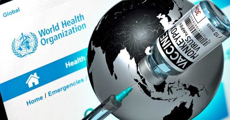 world health organization website and globe with monkeypox vaccine on top