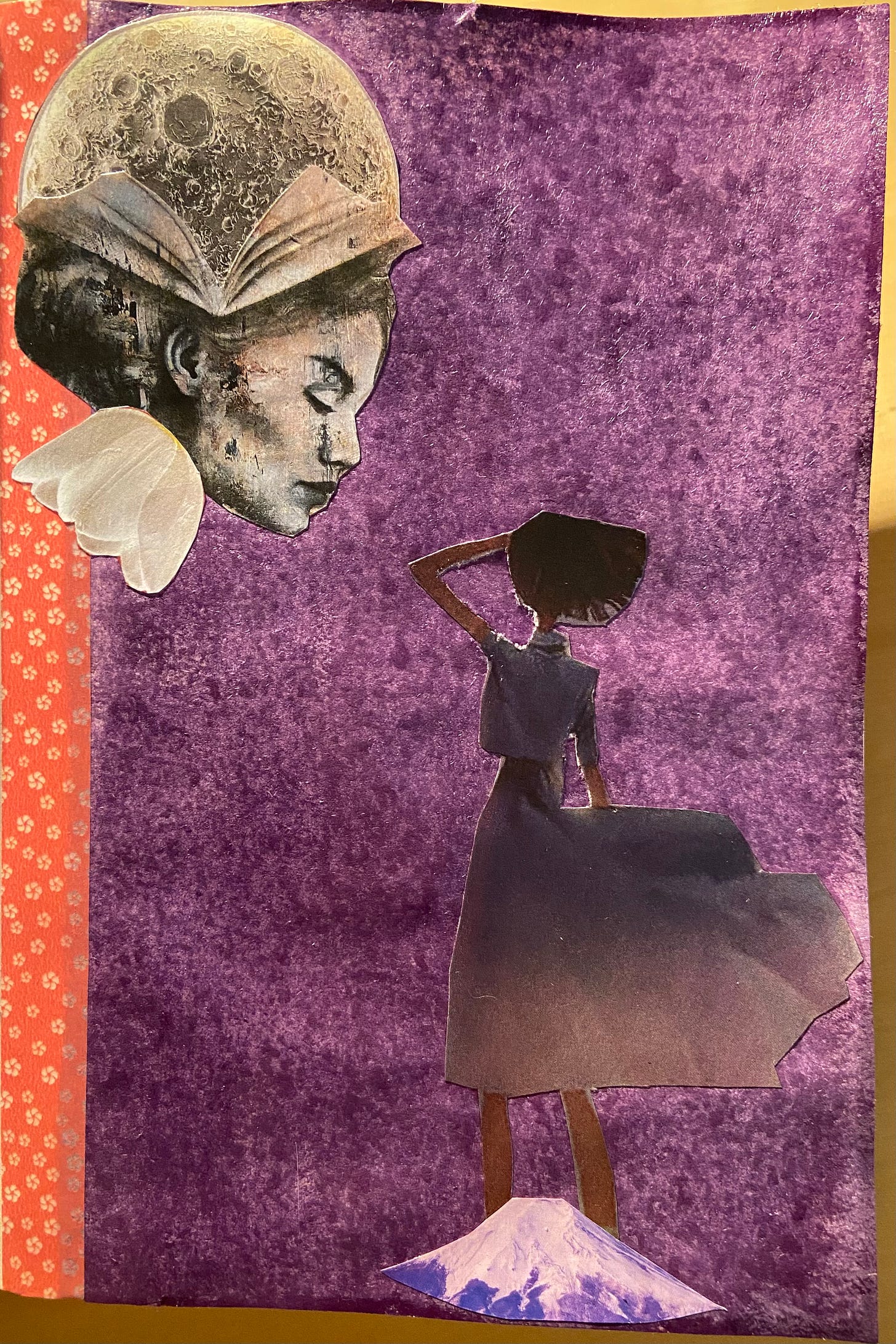 Photo of a collage with a purple background filled with a swiped inkpad. The left margin has a pink washi tape with tiny white flowers. The top left corner has three cut-outs layered over each other so that it looks like a feminine head with a head opening like a book and a moon in the book's center. The head has an upside white lotus flower as a collar so it looks as though it is gliding from above while looking down. On the bottom right corner is a small photo of a purple mountain and over it is a cut-out drawing of a shadowy feminine figure standing while looking up at the gliding head as the dress they are wearing is being blown in the wind Photo of a collage with a purple background filled with a swiped inkpad. The left margin has a pink washi tape with tiny white flowers. The top left corner has three cut-outs layered over each other so that it looks like a feminine head with a head opening like a book and a moon in the book's center. The head has an upside white lotus flower as a collar so it looks as though it is gliding from above while looking down. On the bottom right corner is a small photo of a purple mountain and over it is a cut-out drawing of a shadowy feminine figure standing while looking up at the gliding head as the dress they are wearing is being blown in the wind