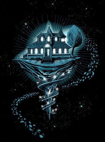 Floating Victorian house on rock, spiral stairs below, tree nearby. Blue and white tones, starry black background, magical, mysterious mood.