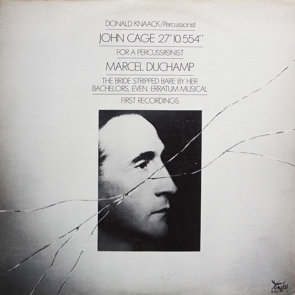John Cage and Marcel Duchamp, 27'10.554" For A Percussionist / The Bride Stripped Bare by Her Bachelors, Even. Erratum Musical (First Recordings), SR 9017, Finnadar Records, 1977 [Fondazione Bonotto, Colceresa (VI). © John Cage Trust / Estate of Marcel Duchamp, ARS, New York / ADAGP, Paris]