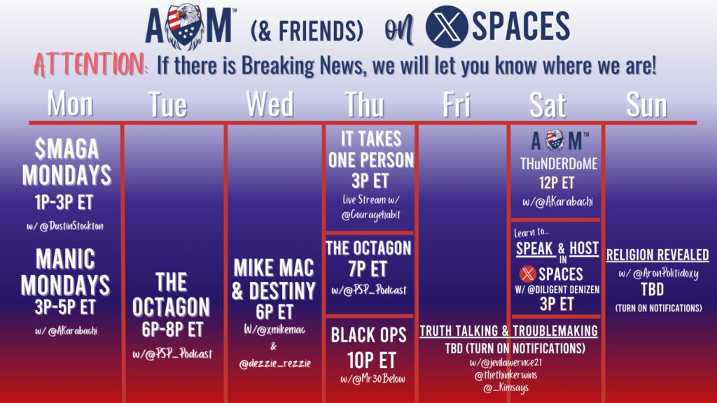 Latest X Spaces Calendar from America Mission™ and Friends.