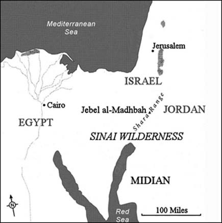 Map showing the locations of Midian, the Sinai Wilderness, and Jebel al-Madhbah.