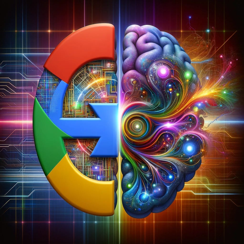 An abstract representation of a Google AI language model using two methods, COSP and USP, to tackle complex tasks. The image shows a futuristic AI brain, half of which is structured with Google's iconic color scheme and intricate network of circuits and data streams, symbolizing the COSP method. The other half is more fluid and artistic, with a vibrant, dynamic mix of abstract shapes and colors, representing the USP method. These halves merge at the center, demonstrating the AI's ability to combine structured and creative approaches in problem-solving. The Google logo is subtly integrated into the design, emphasizing the AI's origin.