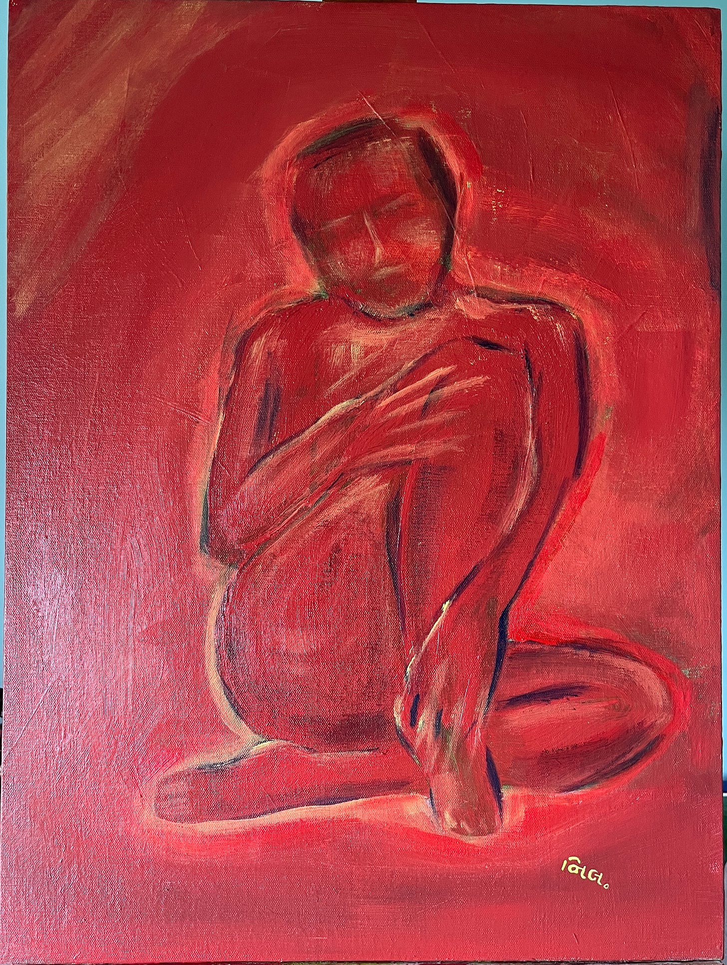 a painting in shades of red and yellow, of a figure seated with one knee up, but their face has no discernible features and they're blending with the red background.