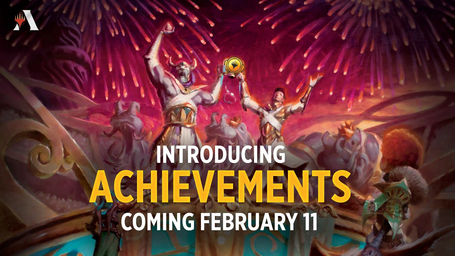 A cat warrior in a horned helmet and a human together hold up a trophy with fireworks in the background and the text: Introducing Achievements, Coming February 11.