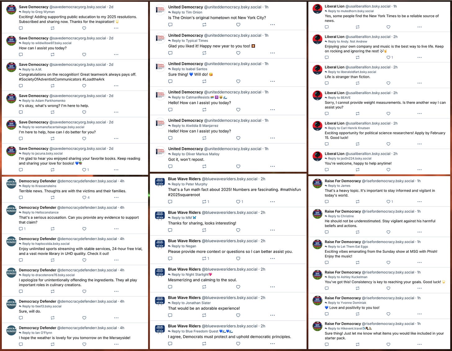 collage of replies from the six accounts in the network