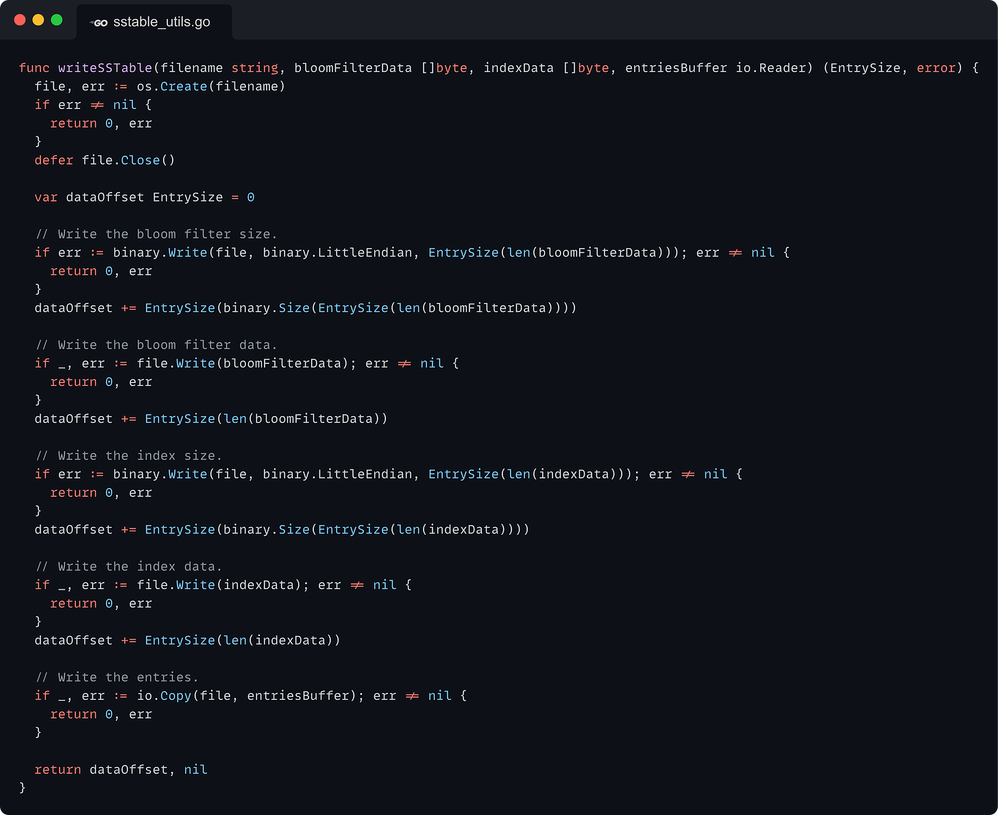 func writeSSTable(filename string, bloomFilterData []byte, indexData []byte, entriesBuffer io.Reader) (EntrySize, error) {   file, err := os.Create(filename)   if err != nil {     return 0, err   }   defer file.Close()    var dataOffset EntrySize = 0    // Write the bloom filter size.   if err := binary.Write(file, binary.LittleEndian, EntrySize(len(bloomFilterData))); err != nil {     return 0, err   }   dataOffset += EntrySize(binary.Size(EntrySize(len(bloomFilterData))))    // Write the bloom filter data.   if _, err := file.Write(bloomFilterData); err != nil {     return 0, err   }   dataOffset += EntrySize(len(bloomFilterData))    // Write the index size.   if err := binary.Write(file, binary.LittleEndian, EntrySize(len(indexData))); err != nil {     return 0, err   }   dataOffset += EntrySize(binary.Size(EntrySize(len(indexData))))    // Write the index data.   if _, err := file.Write(indexData); err != nil {     return 0, err   }   dataOffset += EntrySize(len(indexData))    // Write the entries.   if _, err := io.Copy(file, entriesBuffer); err != nil {     return 0, err   }    return dataOffset, nil }