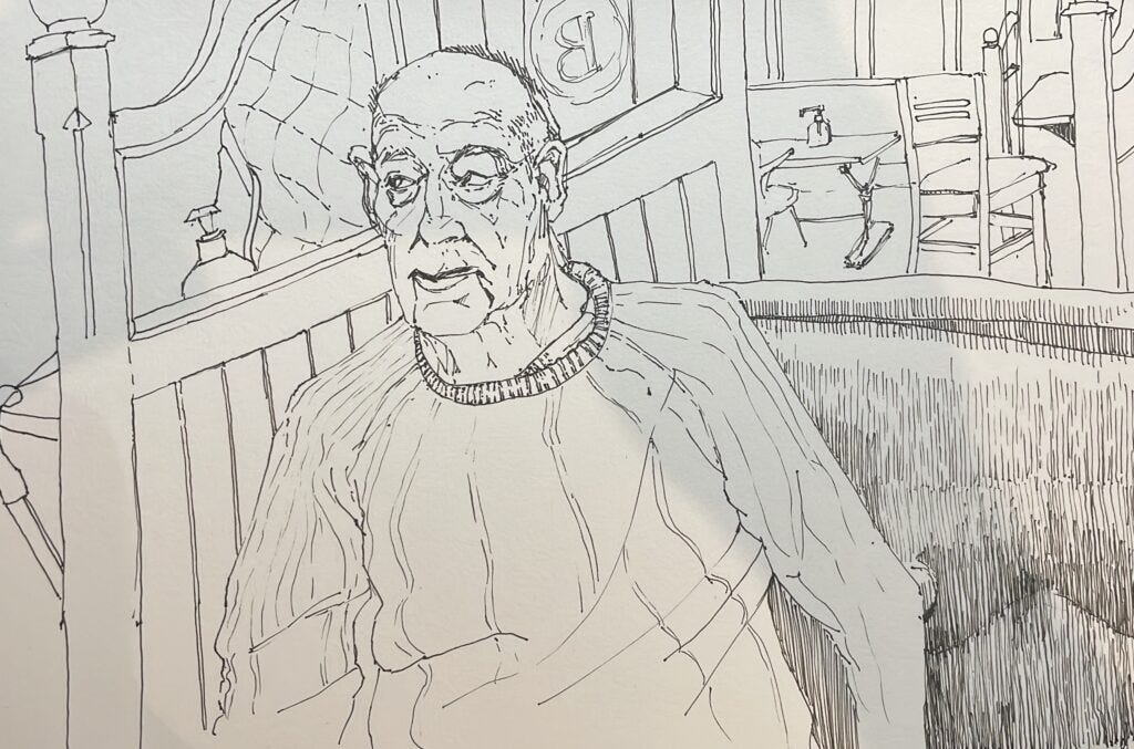 A sketchbook drawing of Josh's Grandad from the pub
