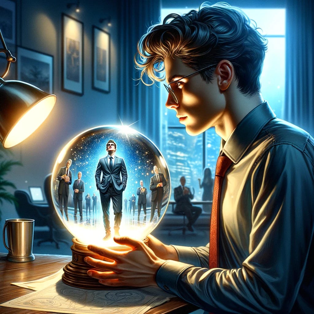 A digital painting of a person gazing intently into a crystal ball, their face illuminated by the light emanating from within. Inside the crystal ball, a much more successful version of themselves is depicted, standing confidently in an environment that signifies success and achievement, such as a luxurious office, an awards ceremony, or leading a team meeting. The viewer's expression is one of awe and aspiration, reflecting a mix of hope and determination. The room around them is dimly lit, focusing all attention on the crystal ball and its vivid, inspiring vision. The contrast between the current self and the envisioned successful self is emphasized through the detailed depiction of the successful persona's attire, posture, and surroundings, suggesting wealth, recognition, or professional success. Drawn with: digital software, blending realism with a touch of fantasy to capture the magical and transformative aspect of the scene. Style influences include fantasy art, focusing on the play of light and the detailed visualization of the future potential.