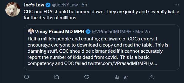 Vinay Prasad tweets out a call to "dismantle" the CDC "if it cannot accurately report the number of kids dead from COVID." Prasad has not presented what he believes the number is.